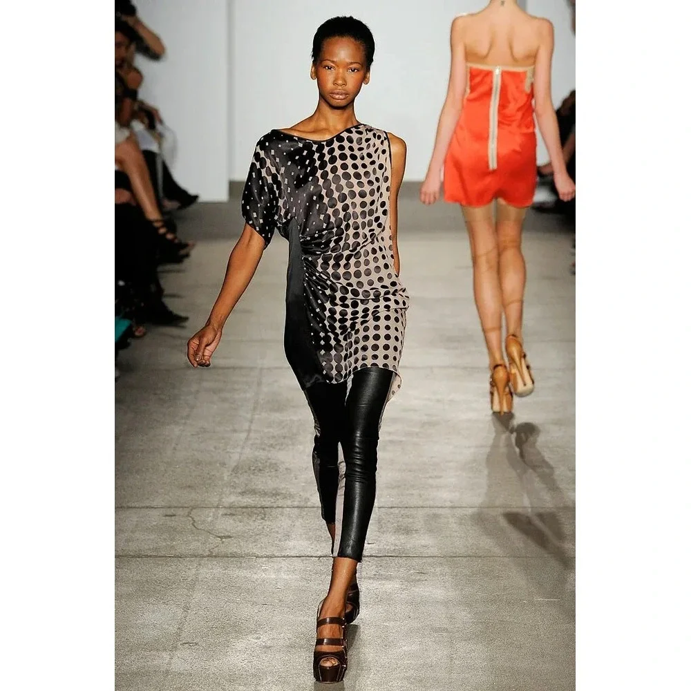 ELISE‎ OVERLAND VOGUE BLACK TAN ONE SHOULDER SLEEVE  SILK TUNIC TOP MINI DRESS 2